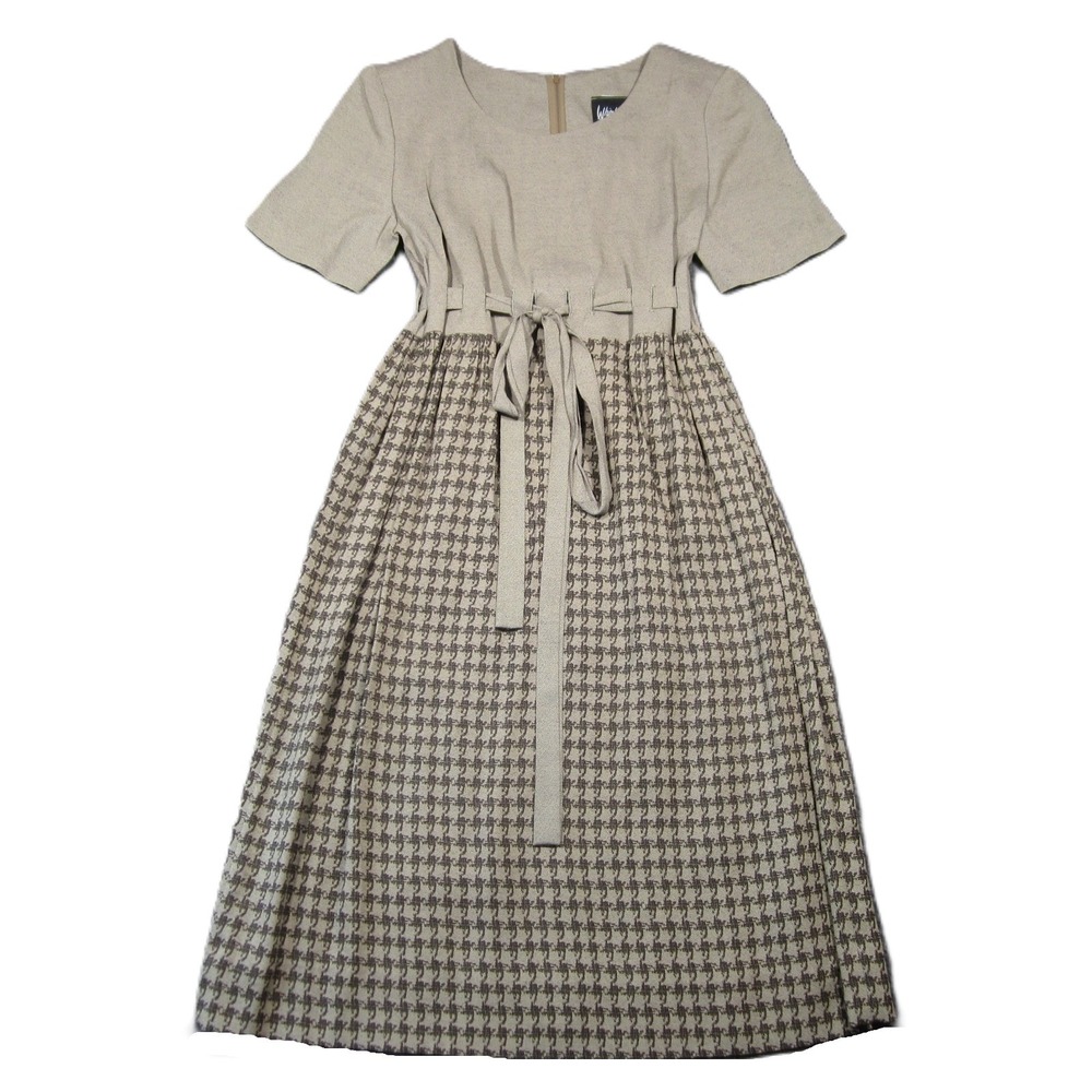 VTG Whirlaway Frocks Houndstooth Midi Dress 8P Tan Belted Modest Country Prairie
